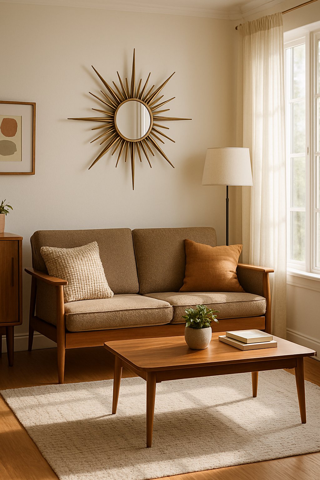A bright living room with a wooden sofa, coffee table, and a decorative starburst mirror on the wall.