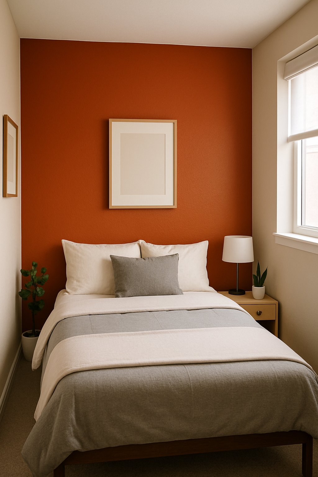 Small bedroom with one wall painted in a bold color, a bed, nightstand, and simple decor.