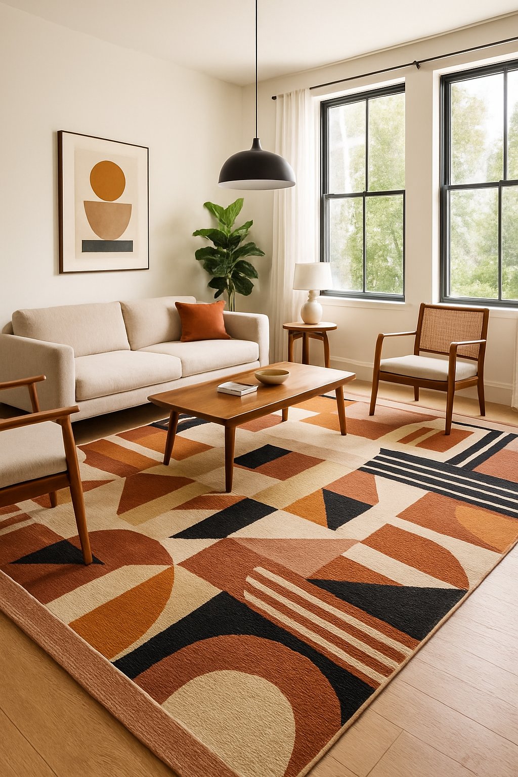A bright living room with a large patterned area rug, sofa, coffee table, and plants.