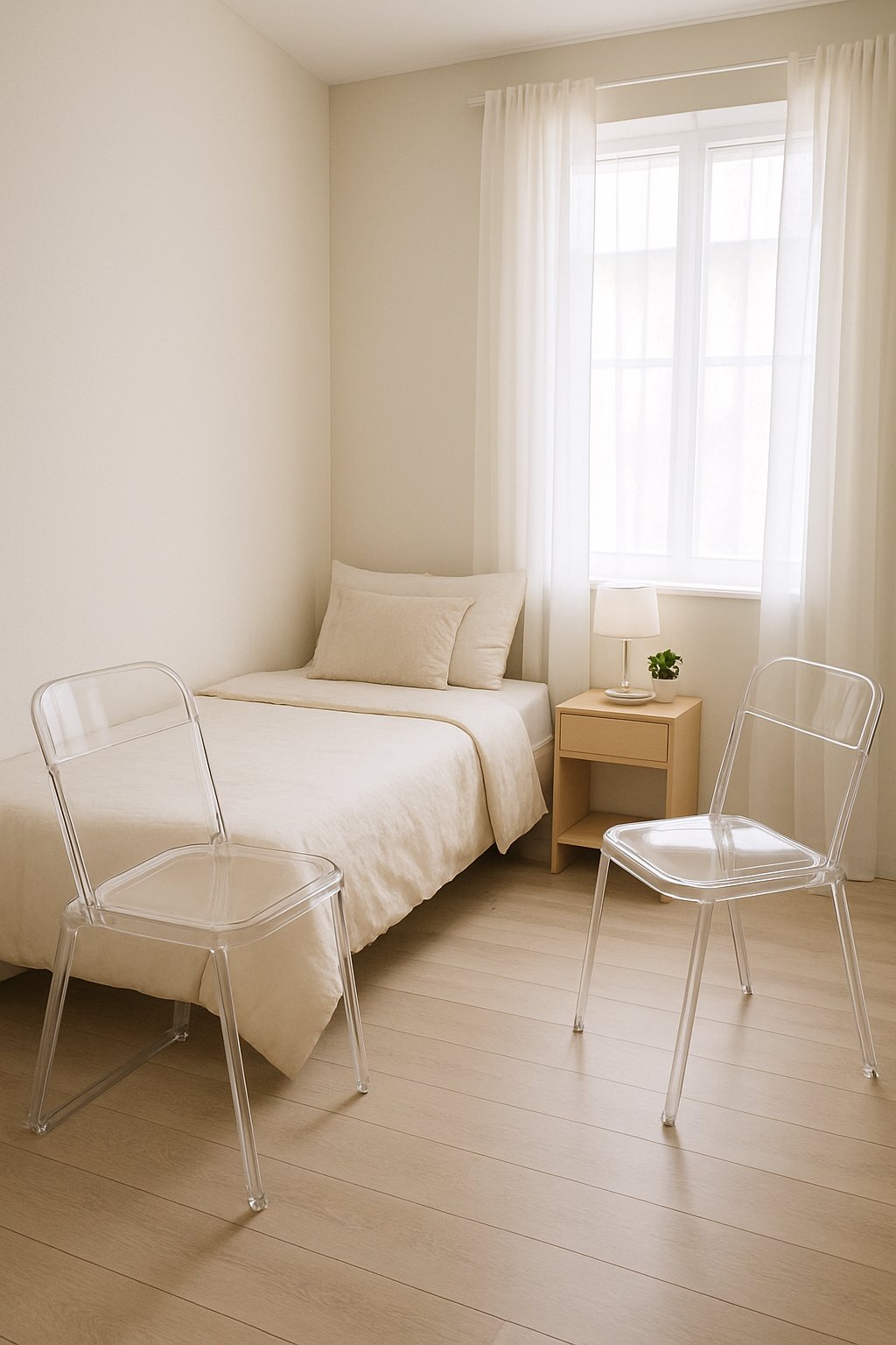 Small bedroom with a bed, clear acrylic chairs, a nightstand with a plant, and natural light coming through a window.