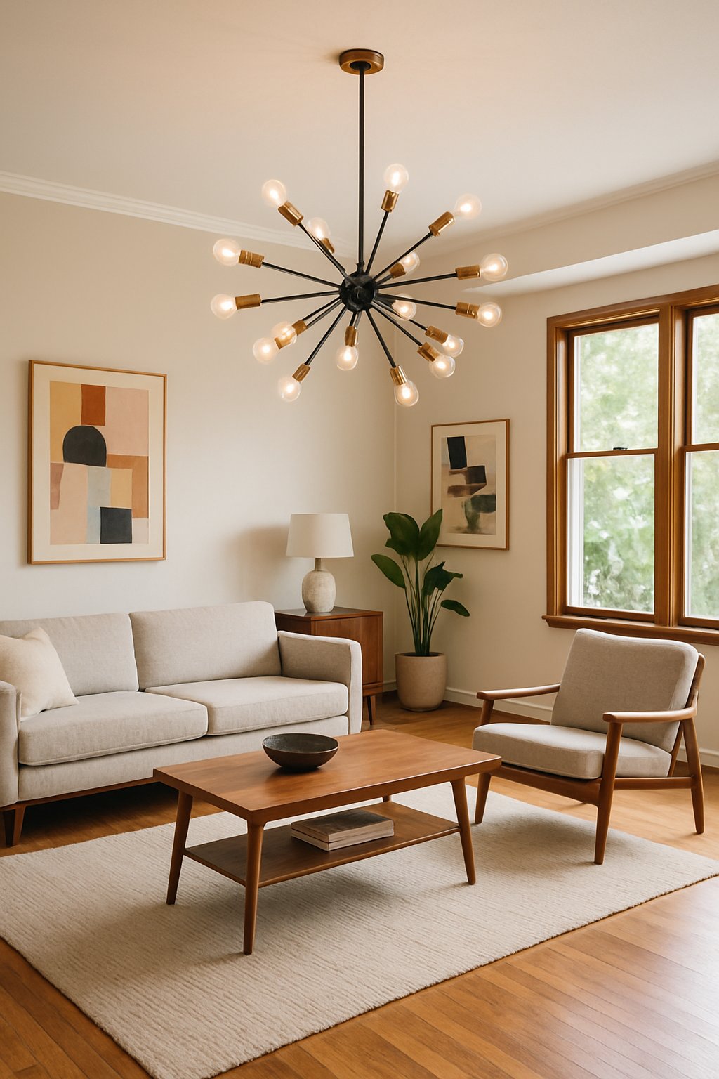 A spacious living room with a distinctive chandelier, comfortable seating, wooden floors, and large windows letting in natural light.