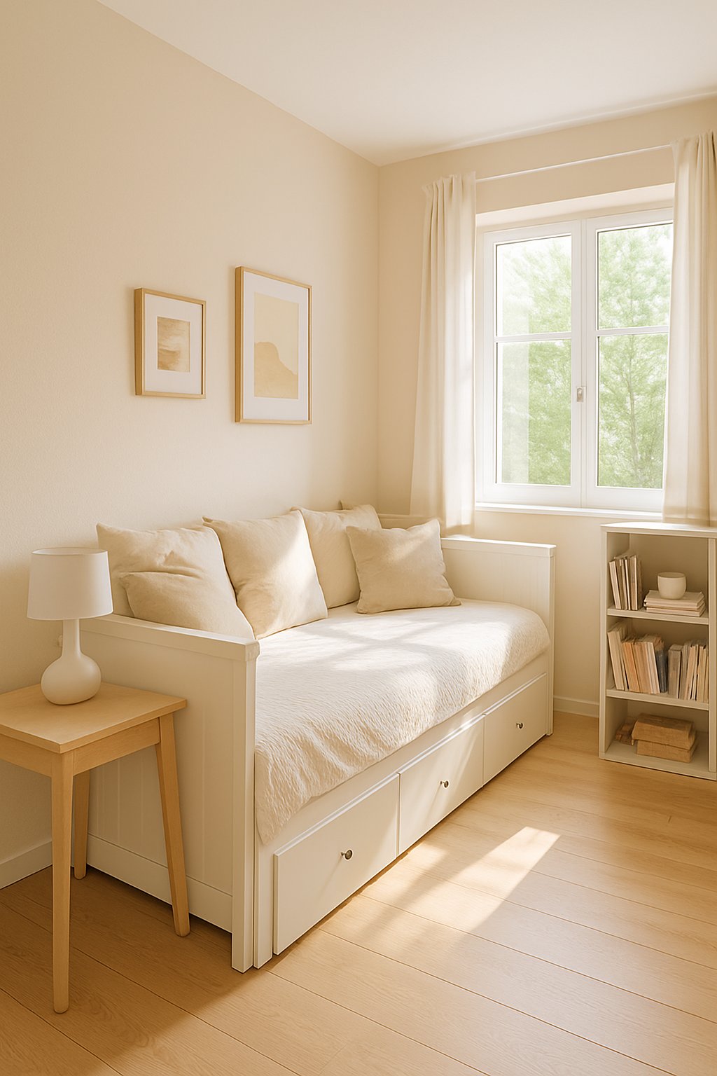 A small bedroom with a daybed used for seating and sleeping, natural light, and simple furniture.