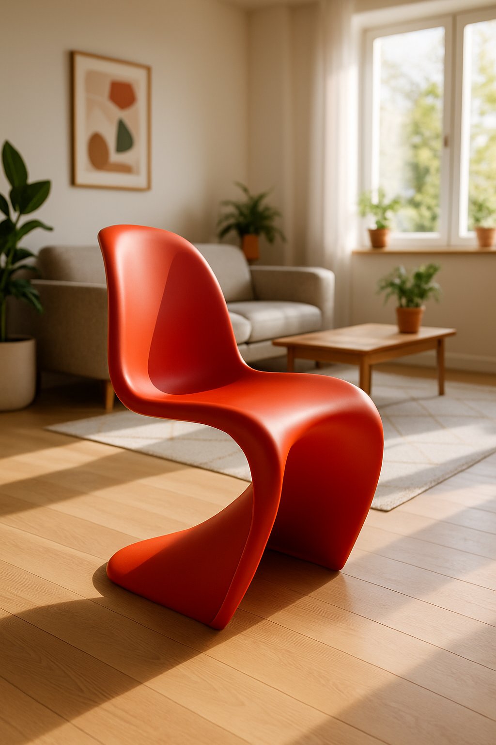 A red molded plastic chair in a bright living room with wooden floor, sofa, coffee table, and plants.