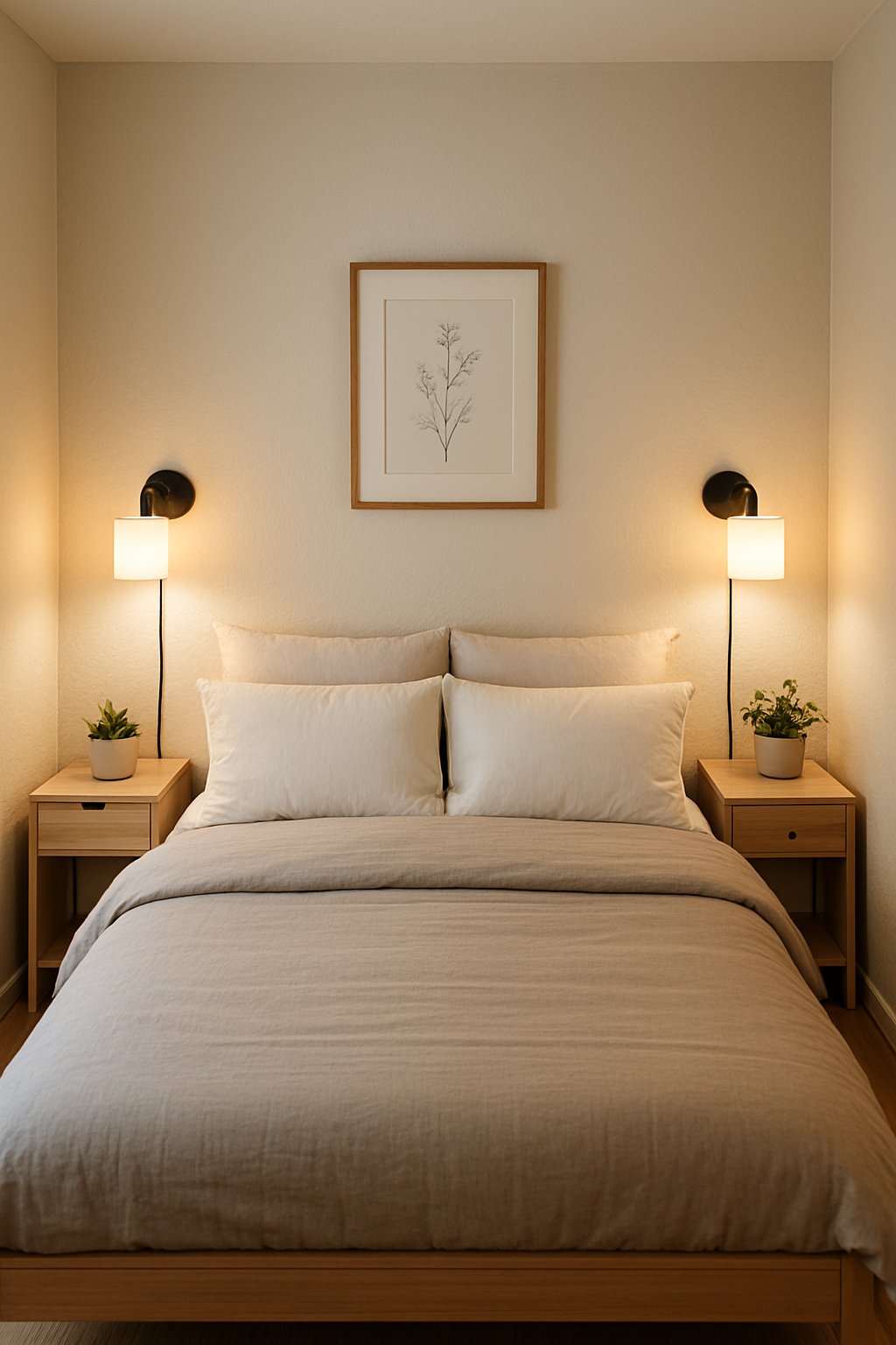 A small bedroom with wall sconces above the bedside tables, a neatly made bed, and soft lighting.