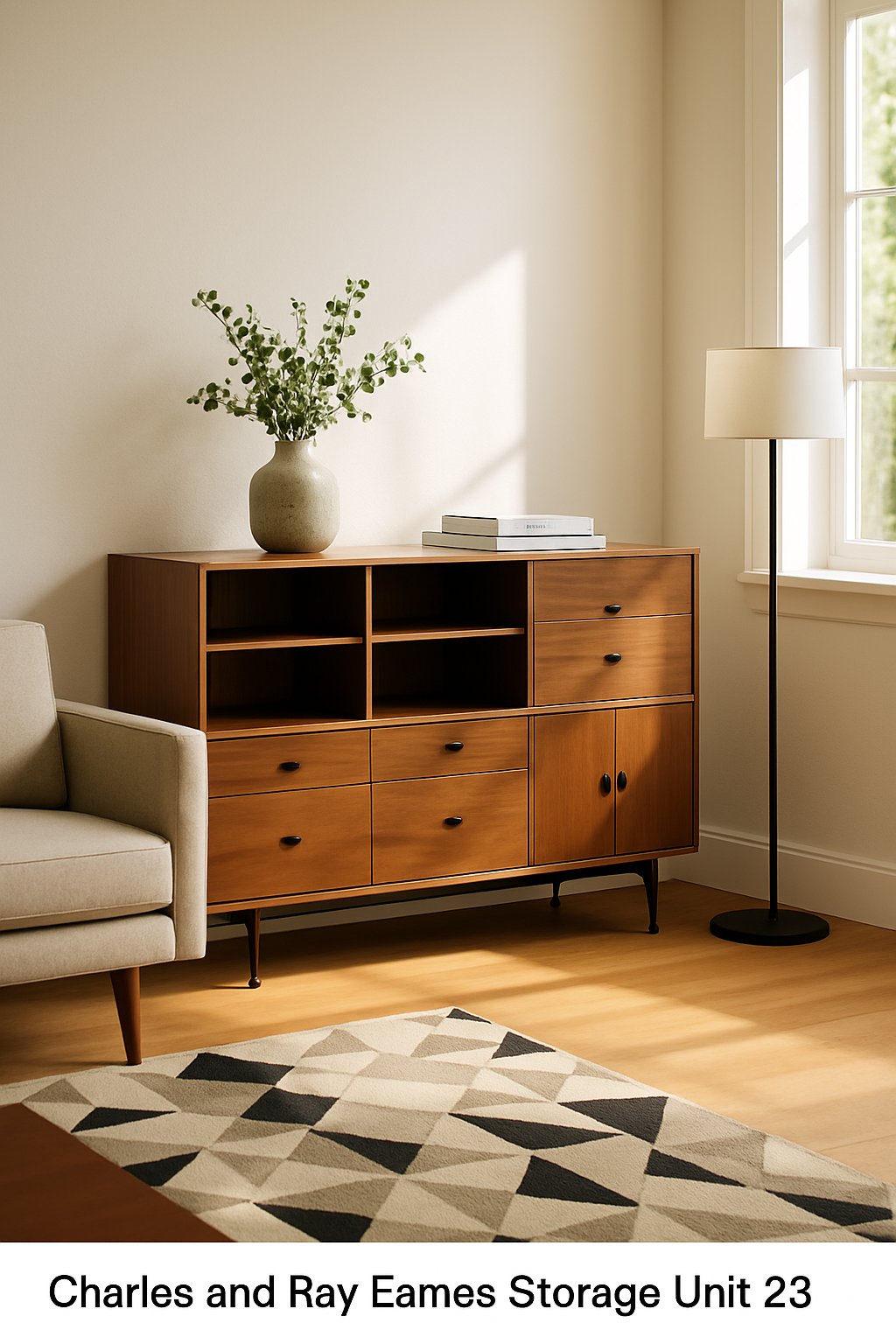 A living room with a wooden storage unit, a sofa, a floor lamp, and natural light coming through large windows.