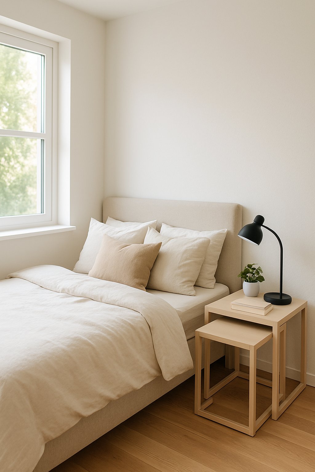 A small bedroom with a bed and a set of nesting tables used as bedside surfaces, decorated with a plant, lamp, and books.