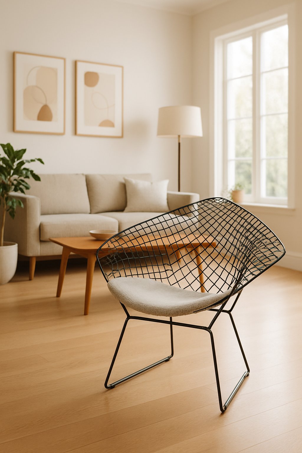 A living room with a wireframe metal lounge chair with a cushion, a sofa, coffee table, floor lamp, and a potted plant.
