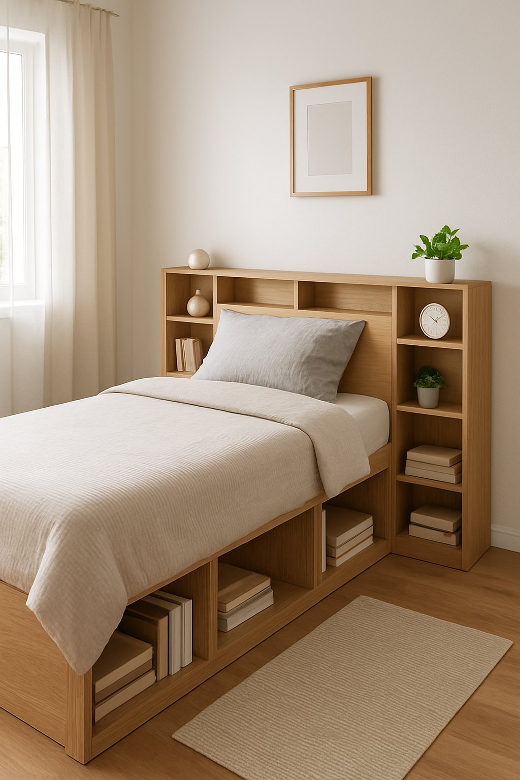 A small bedroom with a bed that has built-in shelves holding books and decorations.