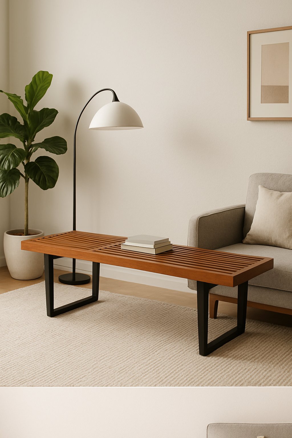 A wooden platform bench in a bright living room with a rug, plants, and a floor lamp.