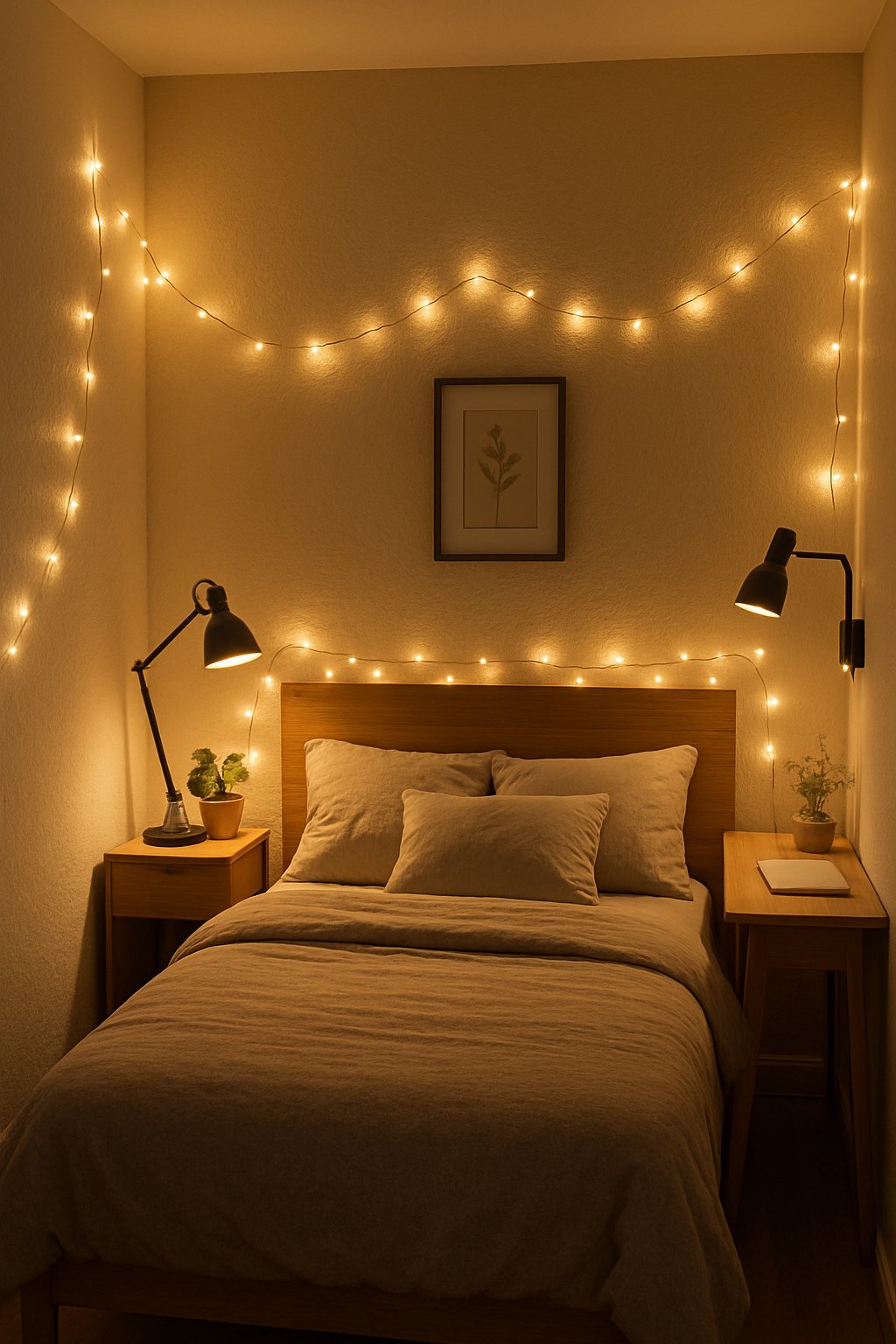 Small bedroom with layered lighting including fairy lights and task lamps, featuring a bed, nightstand, and cozy decor.