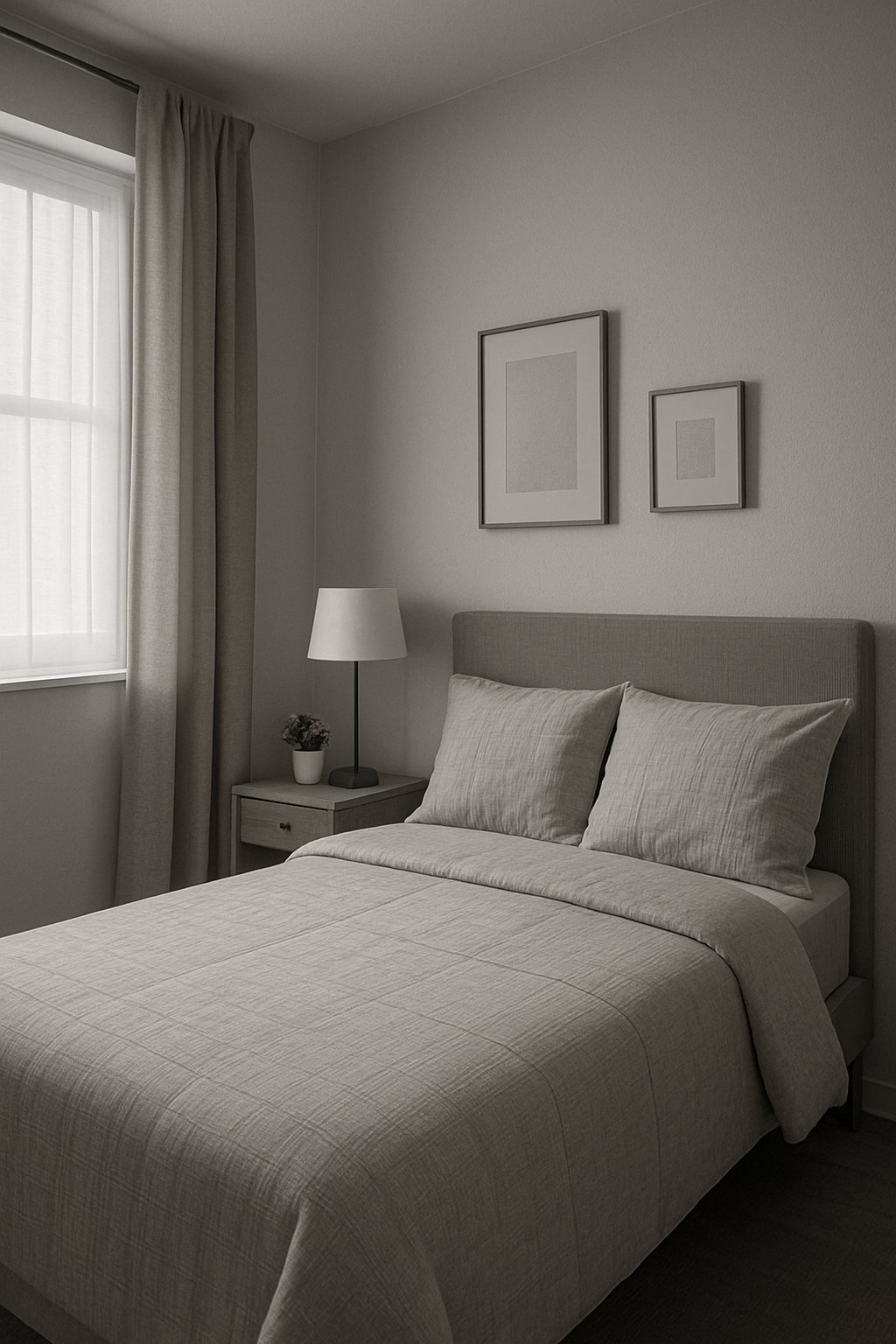 A small bedroom with a neatly made bed, bedside table, lamp, framed artwork, and a potted plant, all arranged in a cohesive single-color palette.