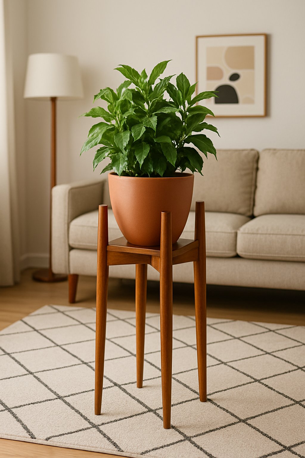 A teak plant stand holding a green potted plant in a living room with a sofa, rug, and wall art.