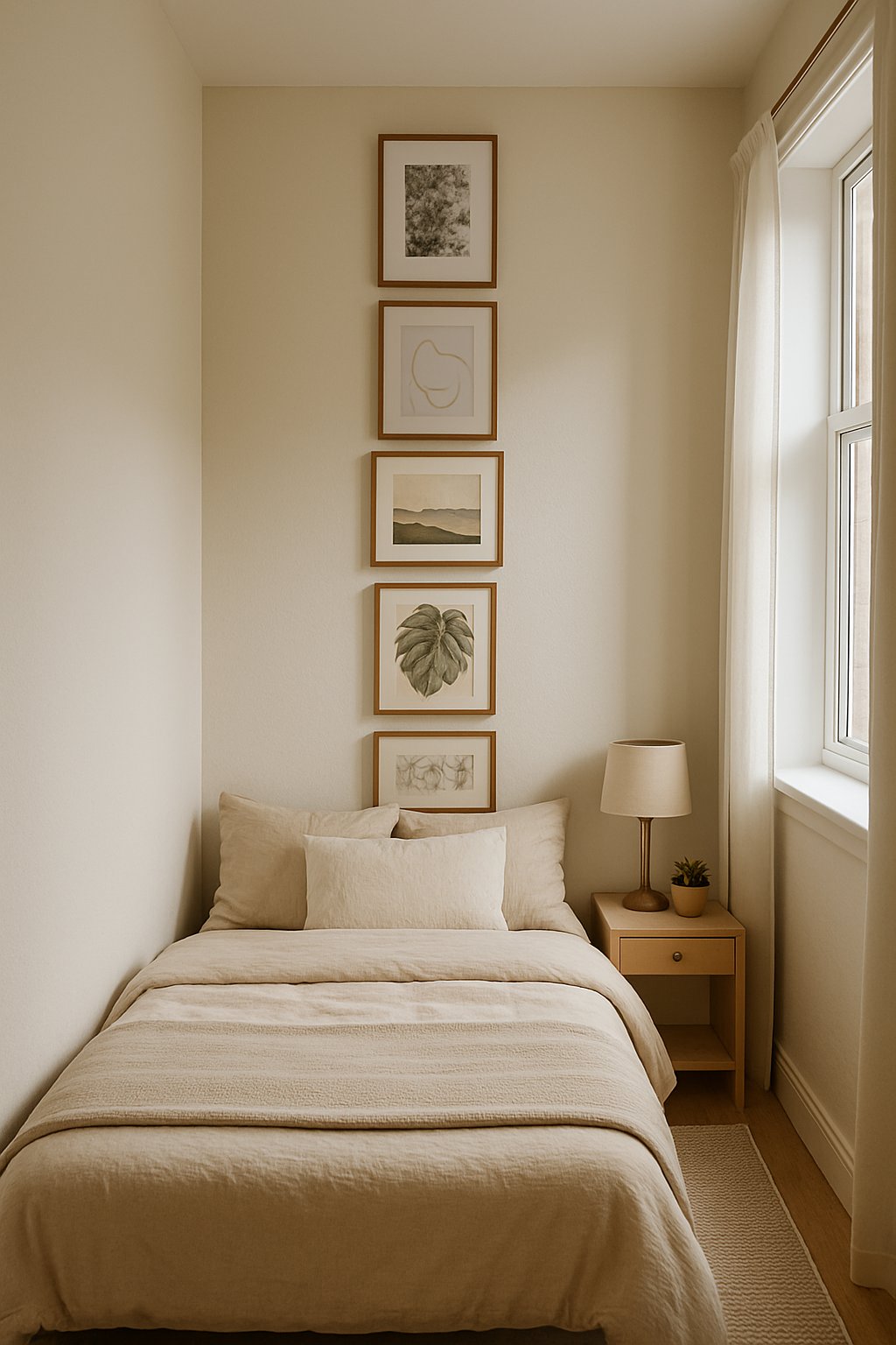 A small bedroom with a bed and vertical artwork arranged on the wall above it, drawing the eye upward.