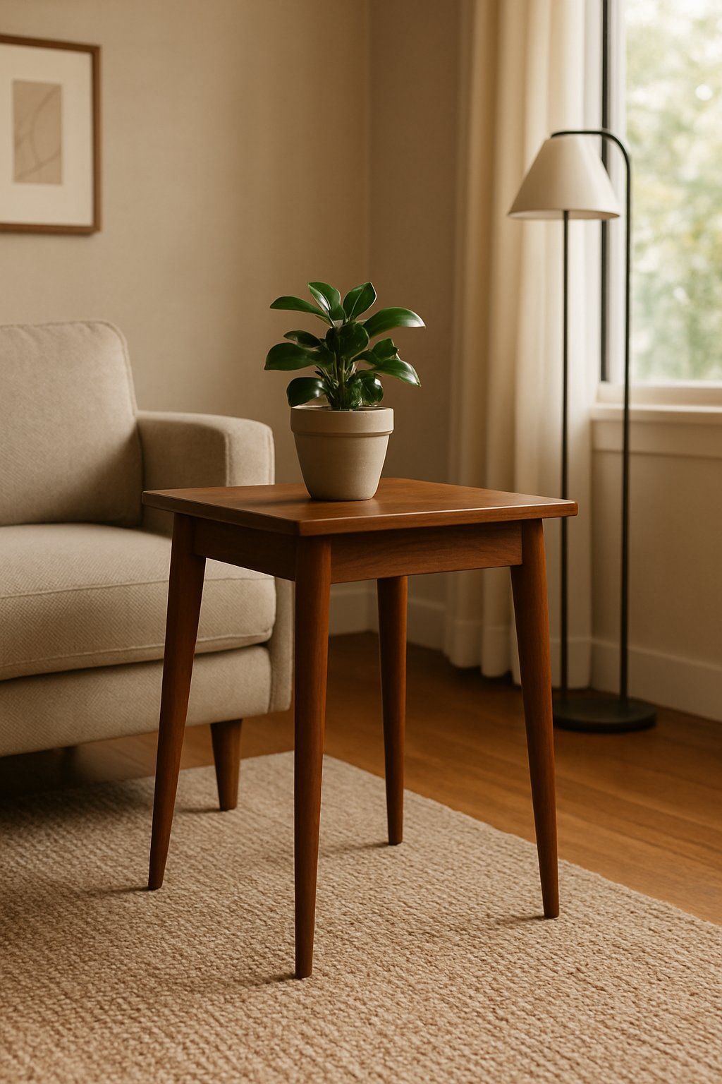 A walnut side table next to a sofa in a living room with a potted plant on top and a floor lamp nearby.