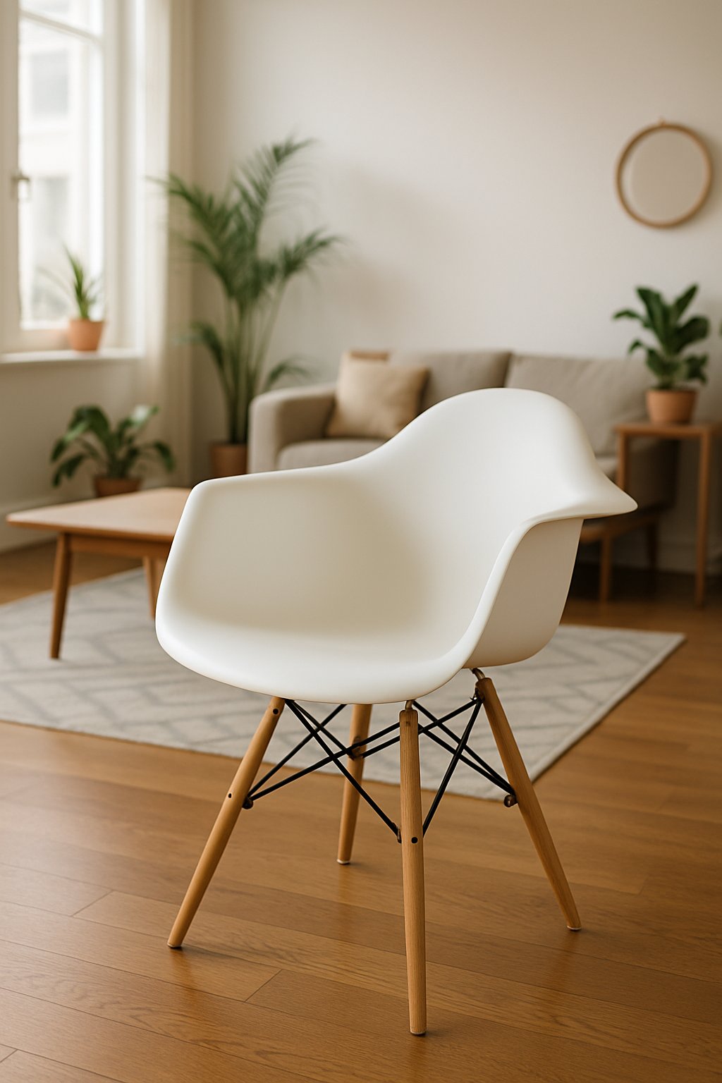 A white molded plastic armchair with wooden legs in a bright living room with wooden floor, sofa, coffee table, and plants.