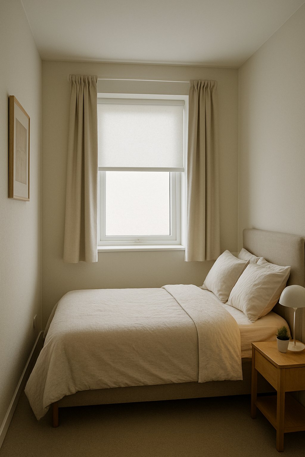 A small bedroom with a neatly made bed, simple light curtains on the window, and minimal furniture and decor.