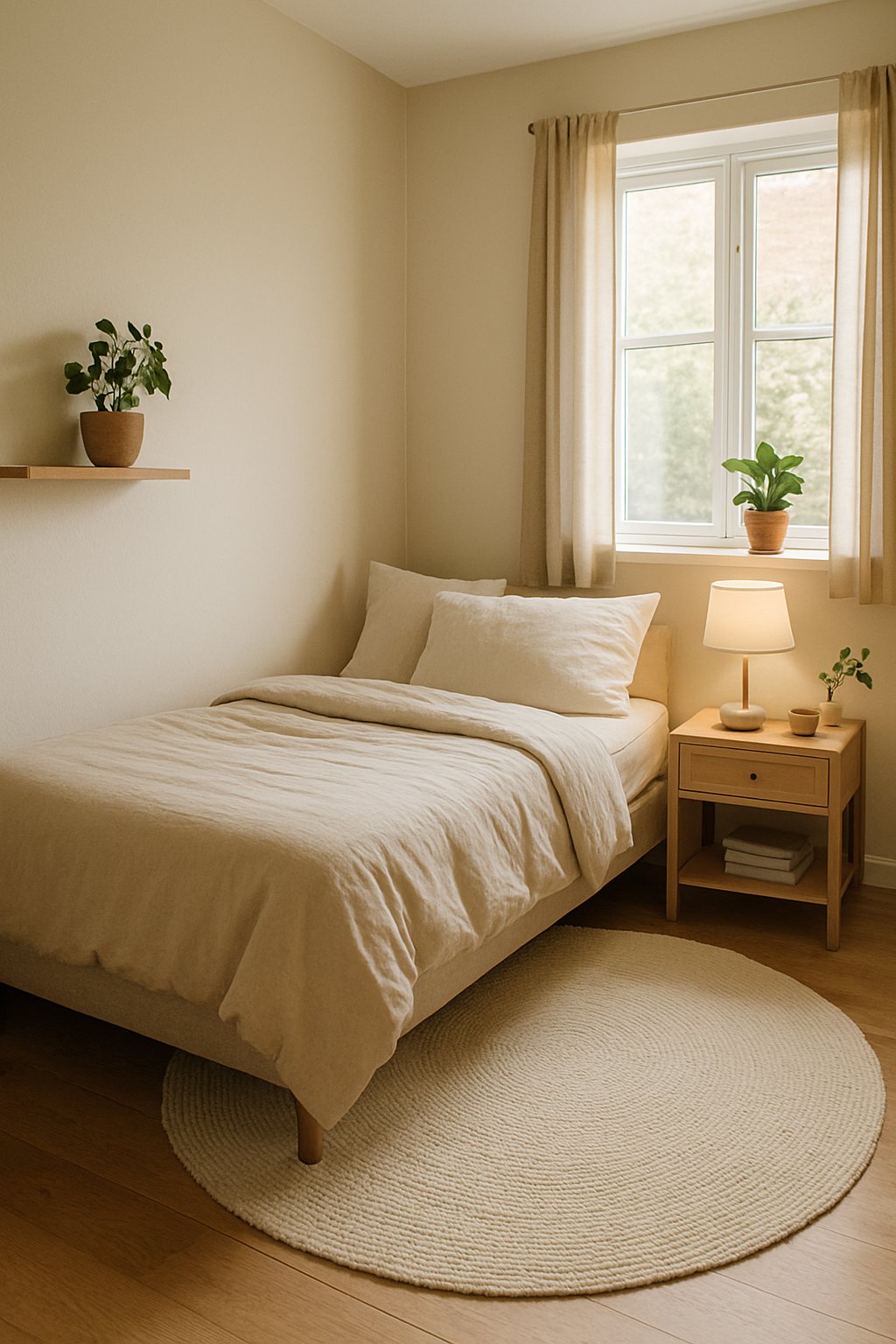 A small bedroom with a bed, a round rug on the floor, a nightstand with a lamp, and natural light coming through a window.