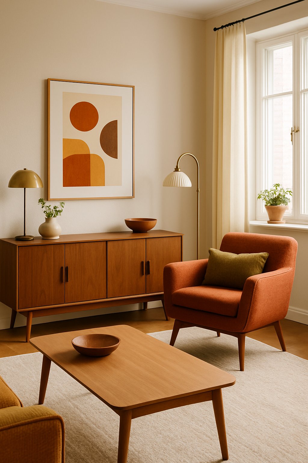 A living room with a wooden sideboard, abstract wall art, a lounge chair, coffee table, and natural light coming through large windows.