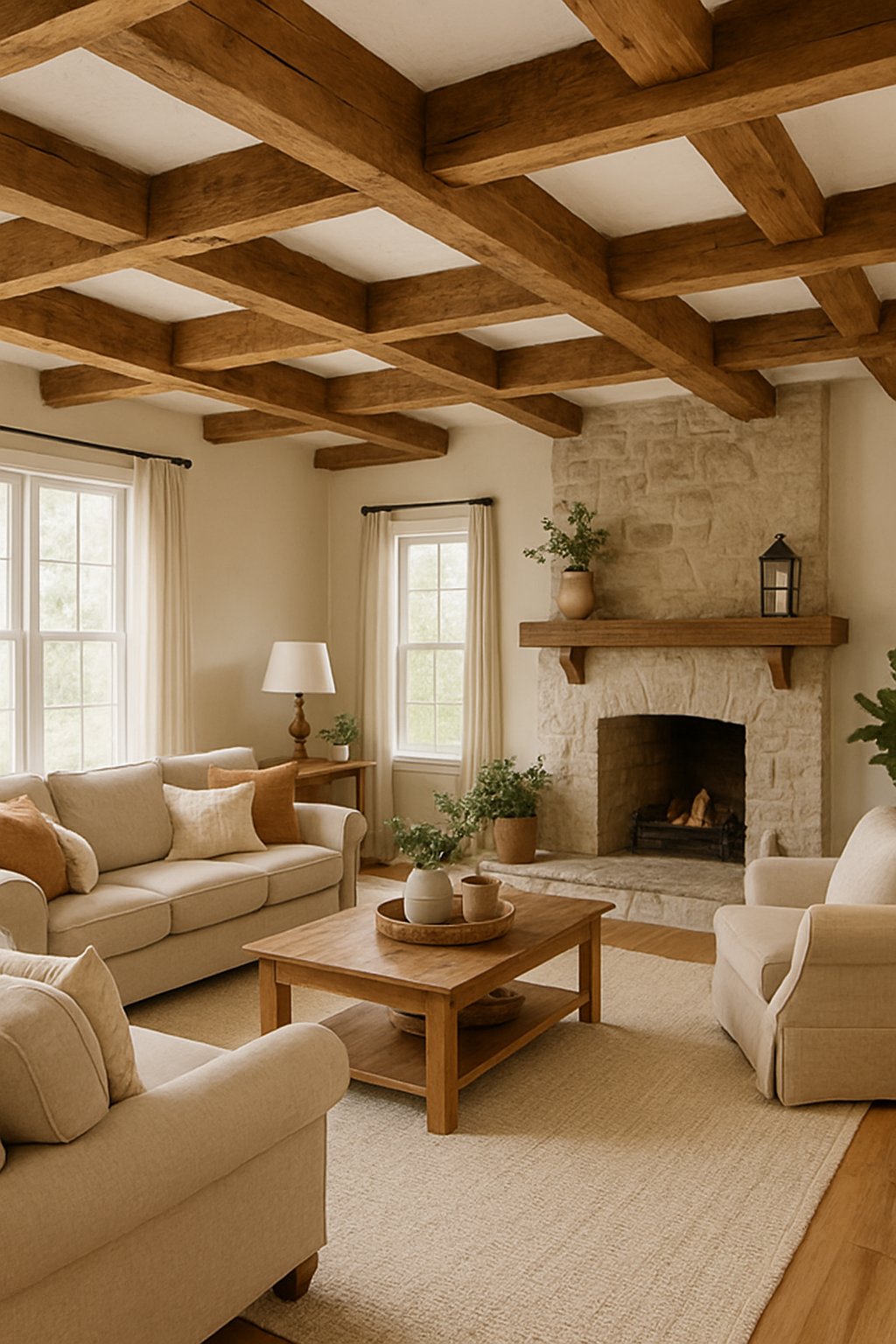 A bright living room with exposed wooden ceiling beams, comfortable seating, a stone fireplace, and natural light coming through large windows.