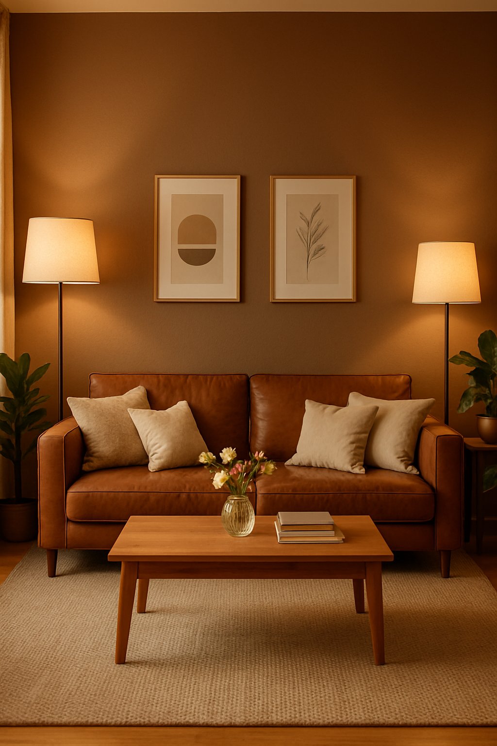 A living room with mocha-colored walls, a brown leather sofa, a wooden coffee table, indoor plants, and warm lighting.