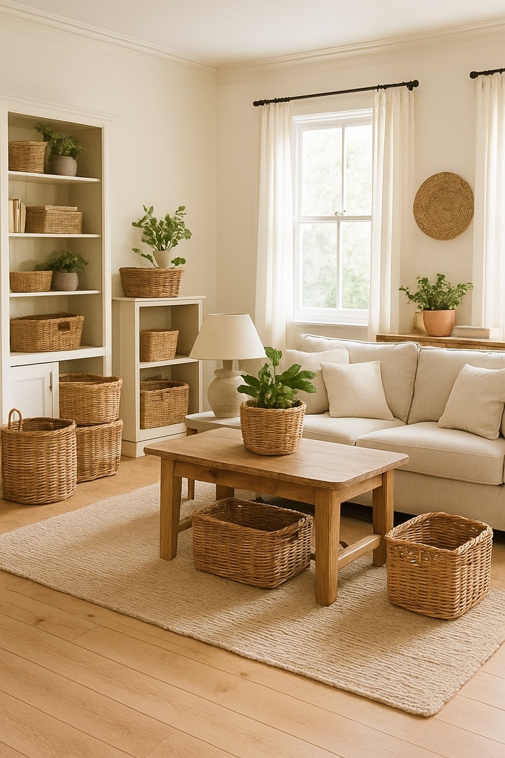 A living room with wicker baskets used for storage, a sofa, coffee table, plants, and natural light coming through windows.