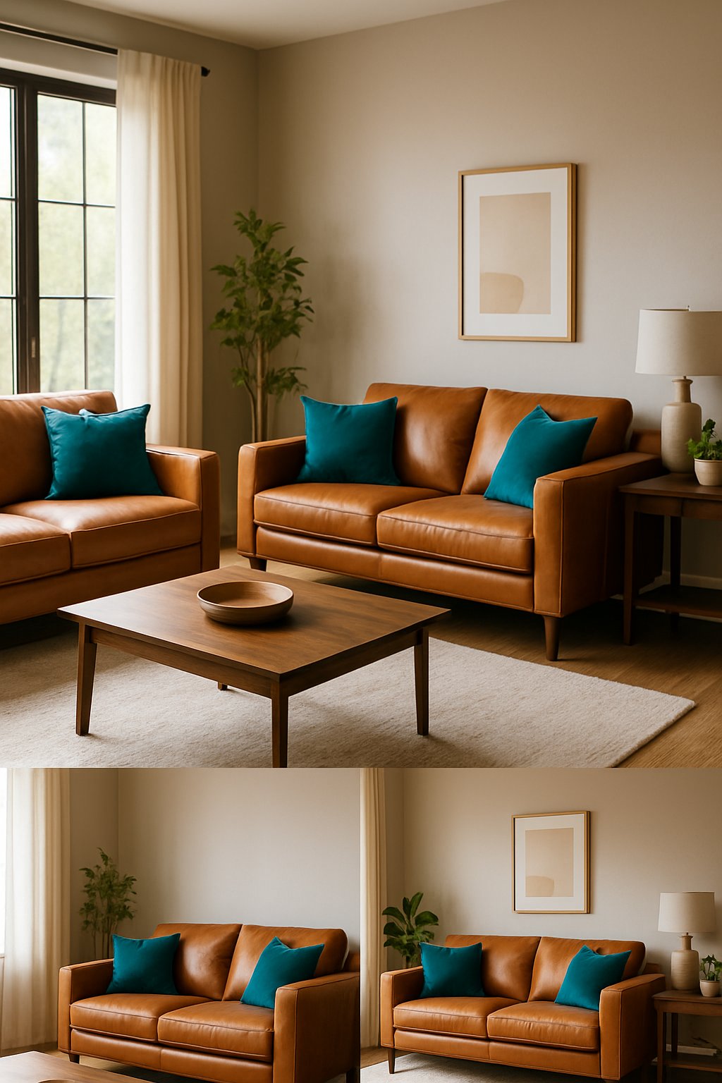 Living room with tan leather sofas and teal cushions arranged around a wooden coffee table with natural light coming through windows.