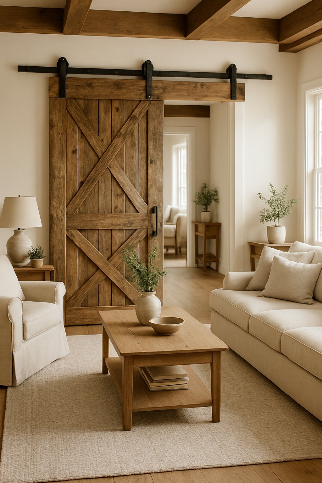 A farmhouse living room with a large reclaimed barn door hanging above a doorway, surrounded by comfortable furniture and natural light.