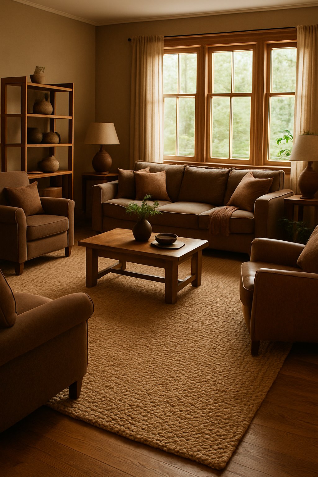 A living room with a large jute rug, brown furniture, and natural light filling the space.