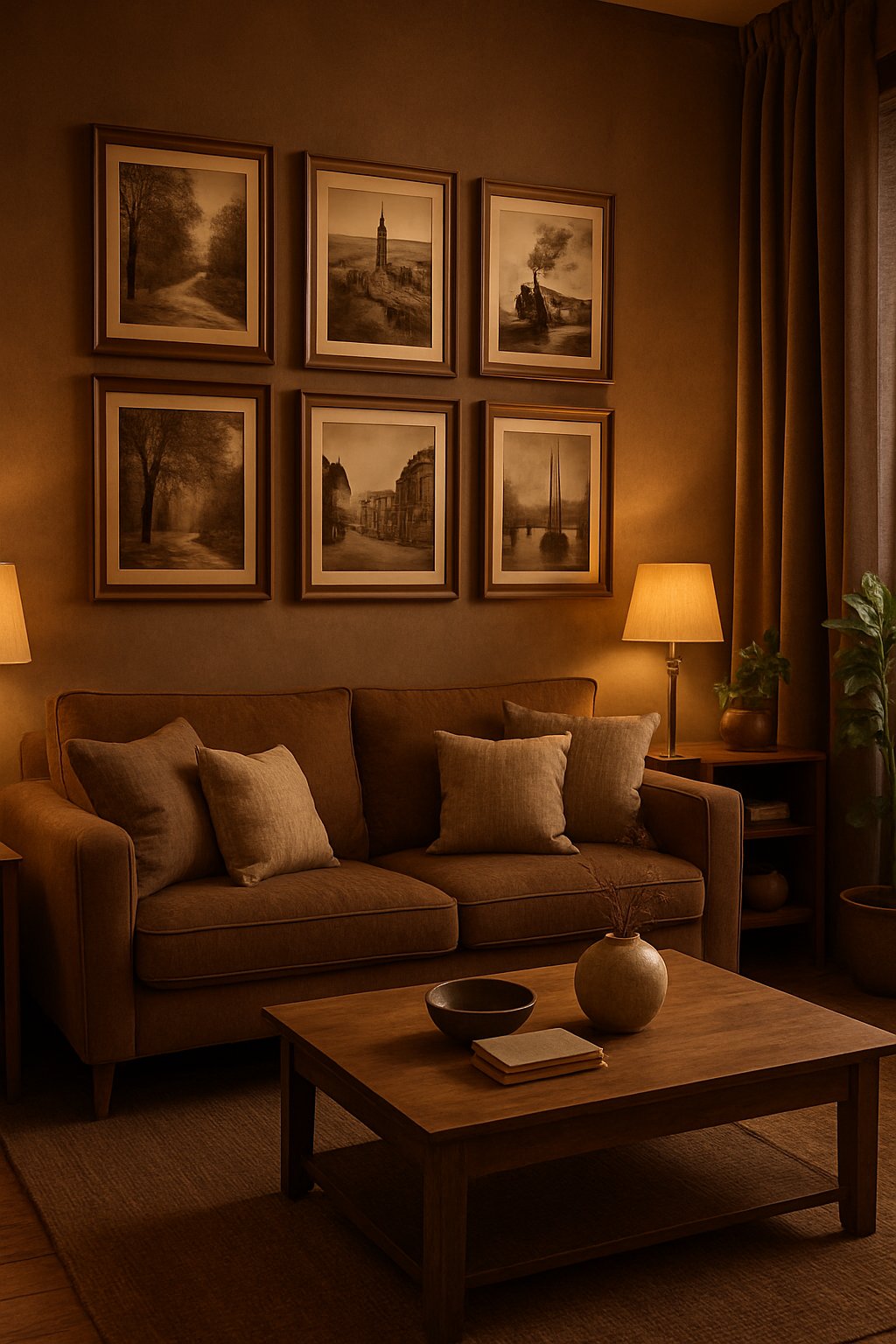 A living room with brown furniture and decor, featuring vintage photos hanging on the wall above a sofa.