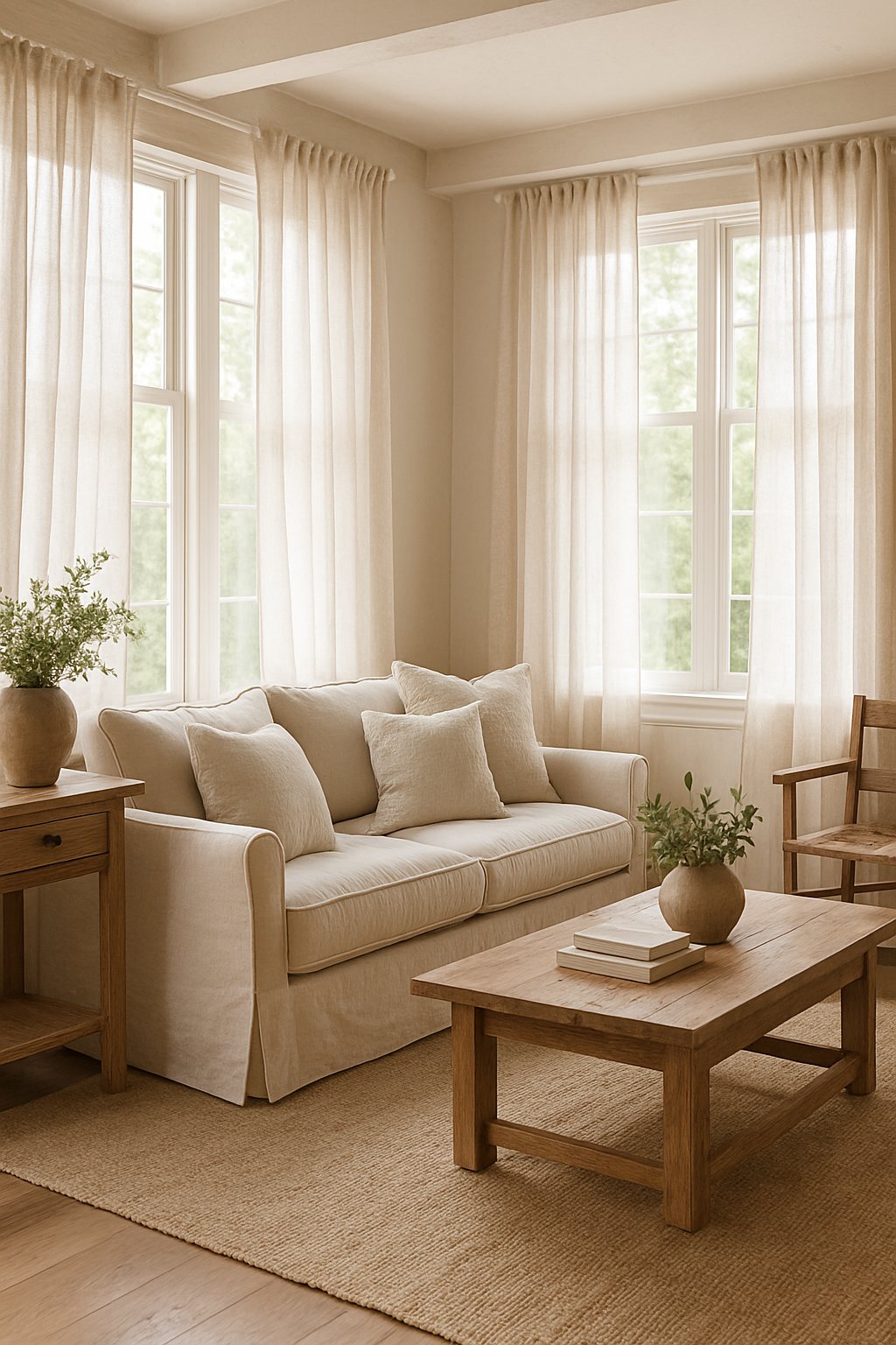 A bright living room with soft light coming through layered linen curtains and comfortable furniture.