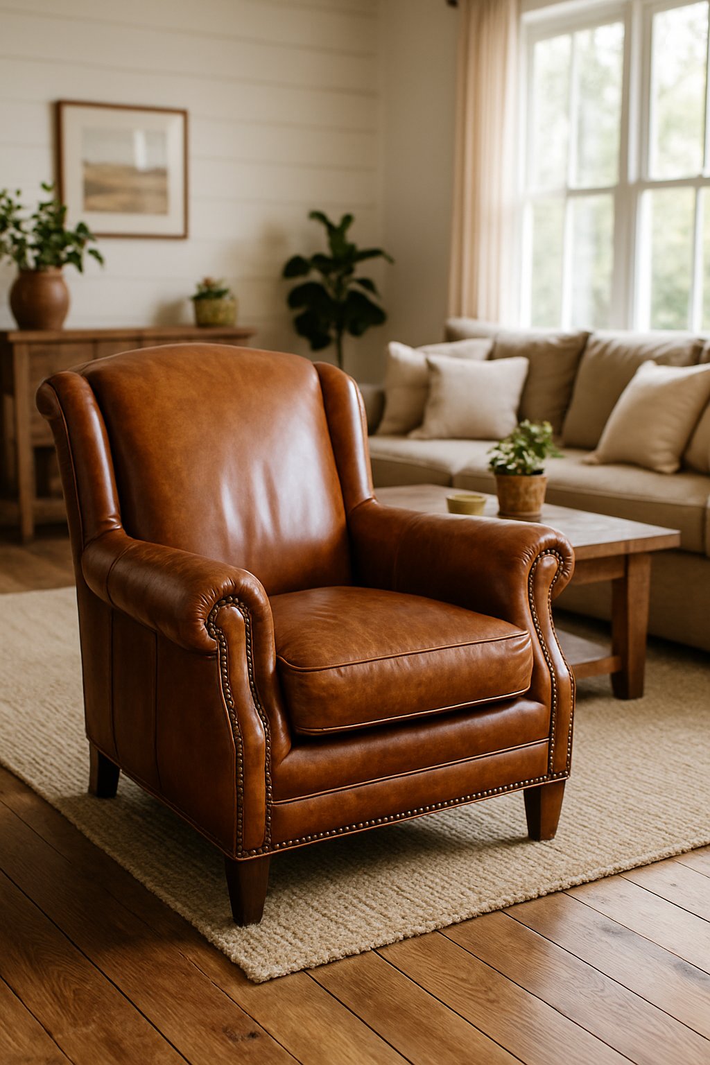 A brown leather armchair with nailhead trim in a bright living room with wooden floors and plants.