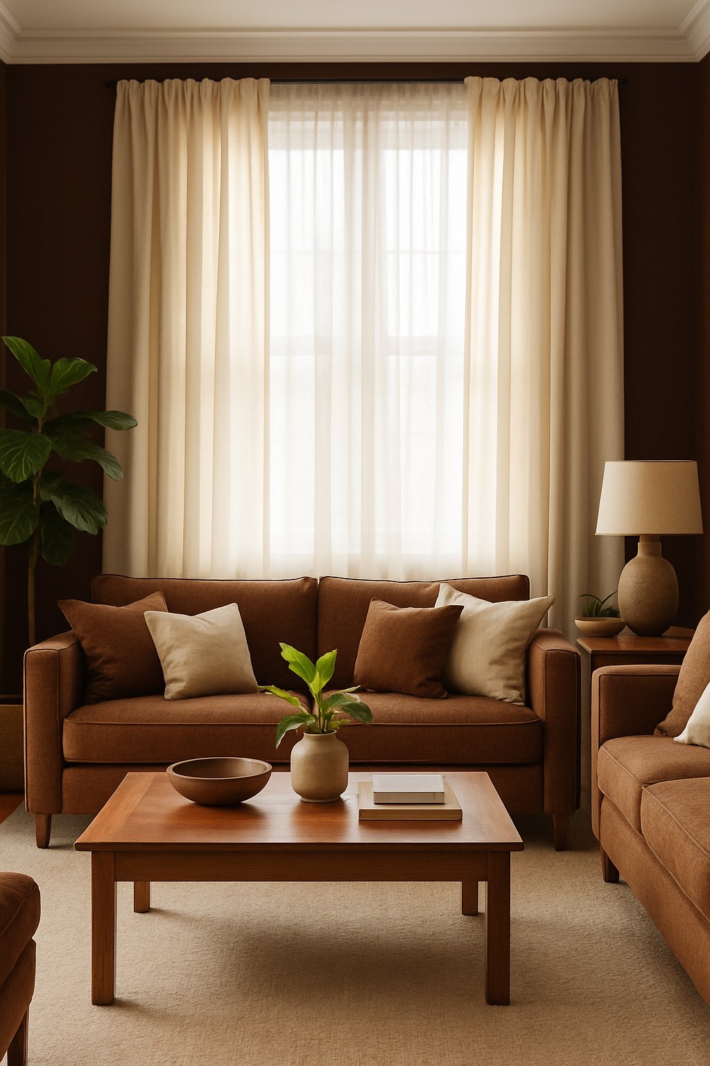 A living room with brown sofas and cream curtains softly covering large windows, creating a warm and inviting space.