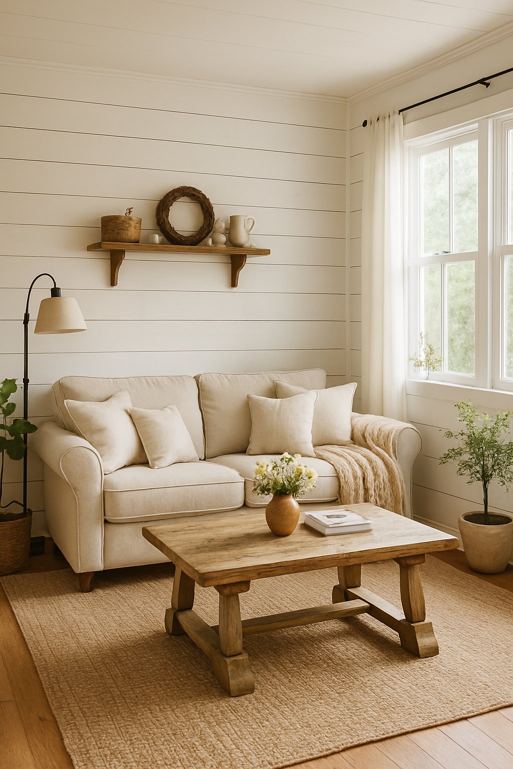 A cozy living room with white wooden walls, a neutral sofa, wooden coffee table, plants, and natural light from large windows.
