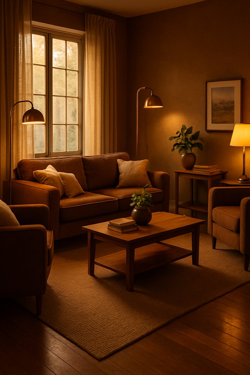 A brown living room lit by warm light from brass floor lamps with comfortable furniture and decorative items.