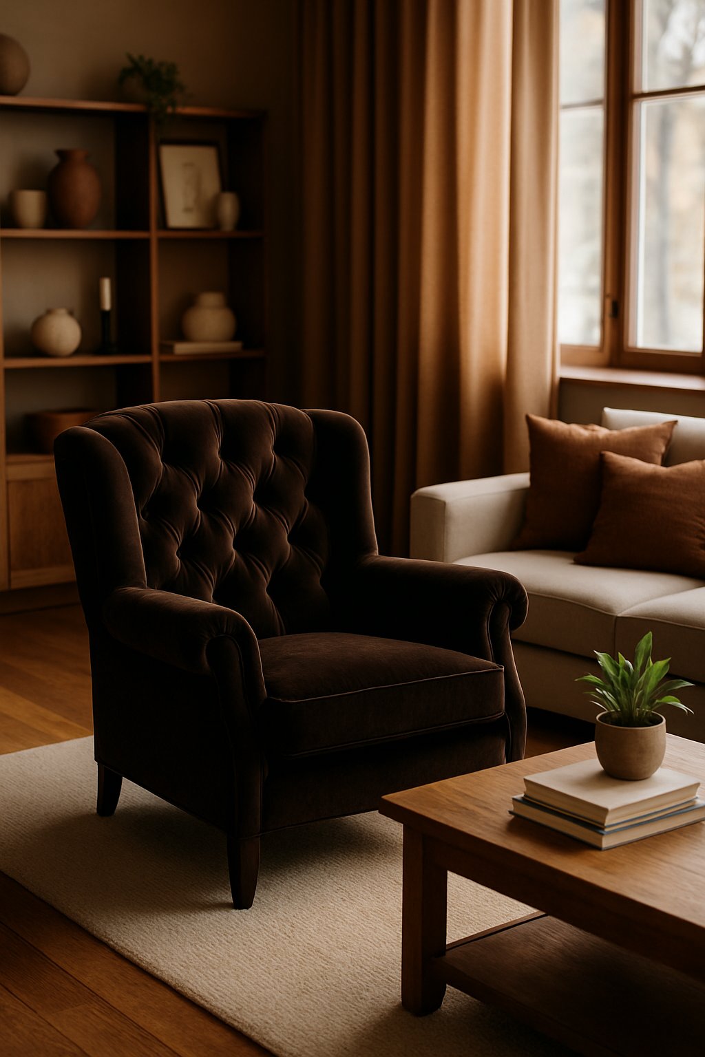 A living room with a dark chocolate velvet armchair, wooden floor, sofa with brown cushions, coffee table, and potted plant near a window.
