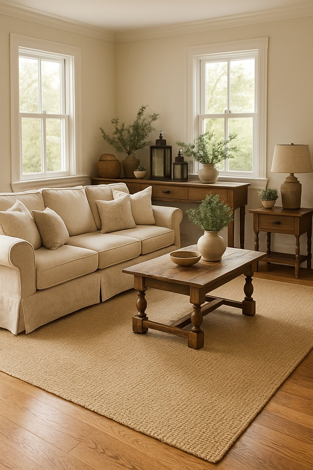 A living room with a flax-colored area rug, sofa, wooden coffee table, and natural light coming through windows.