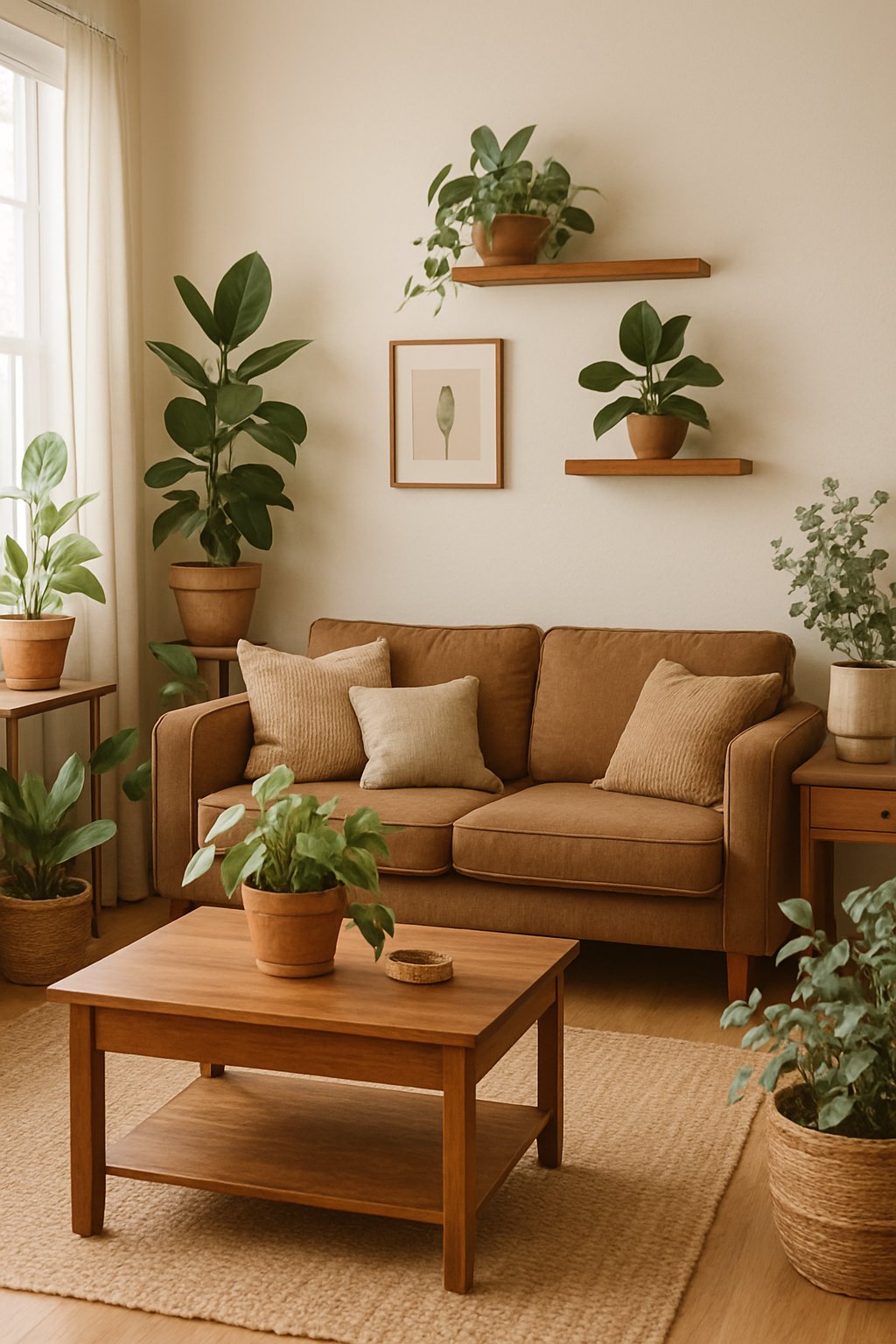 A living room with brown furniture and several sage green plants arranged around the space.