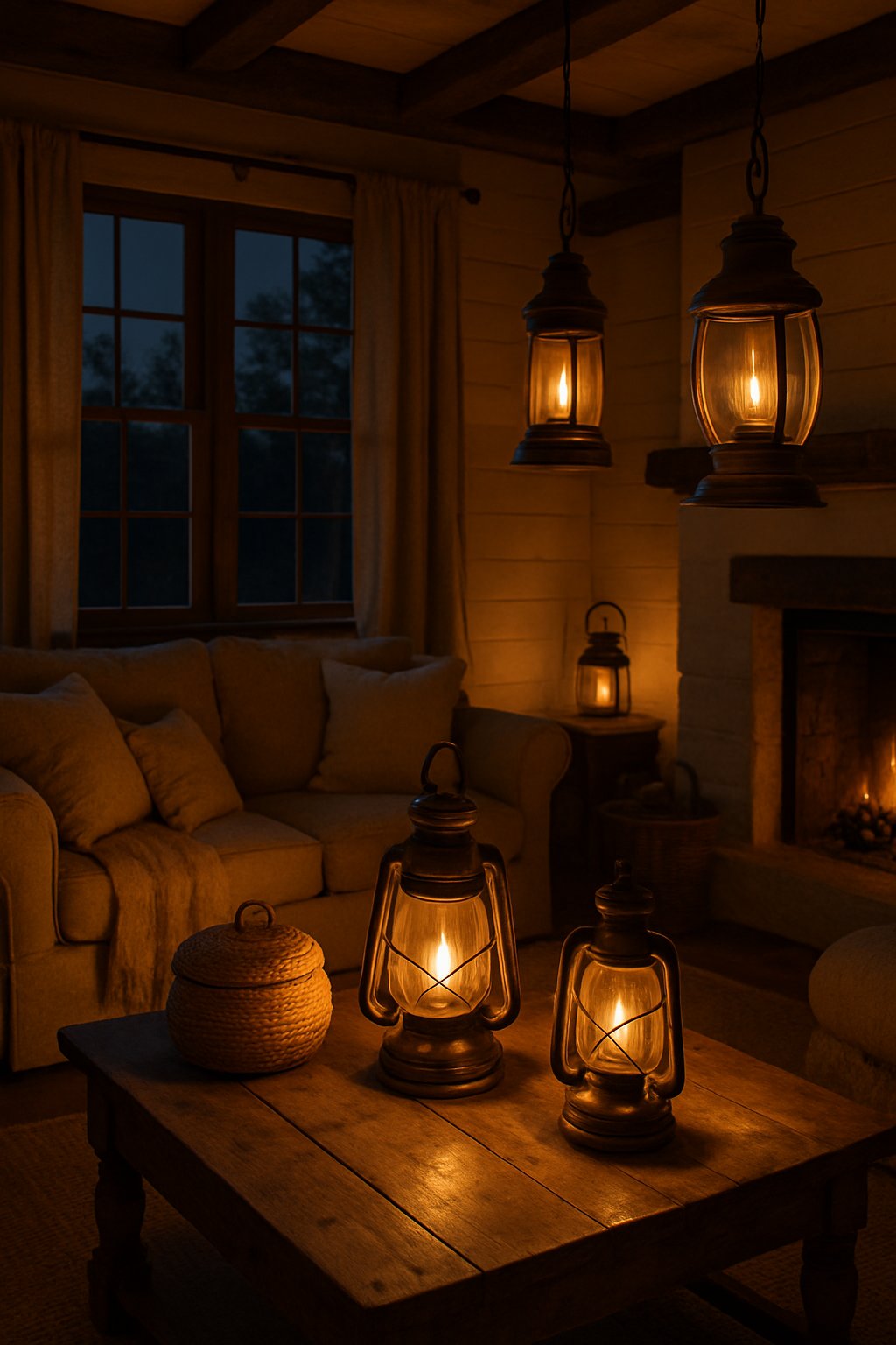 A cozy living room with antique brass lanterns glowing warmly, rustic wooden furniture, and a fireplace in the background.
