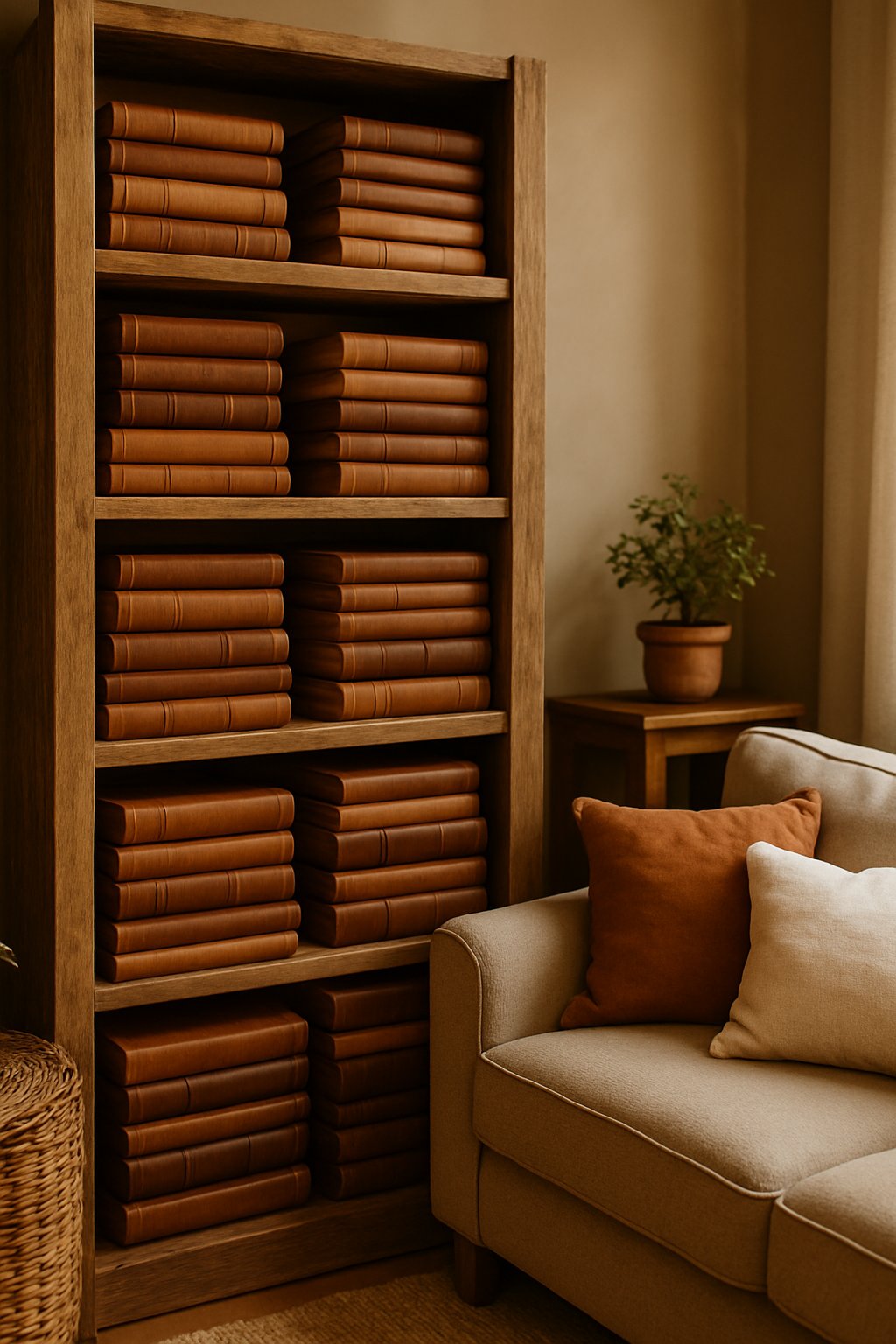 Rustic wooden shelves filled with neatly stacked brown leather-covered books in a living room setting.