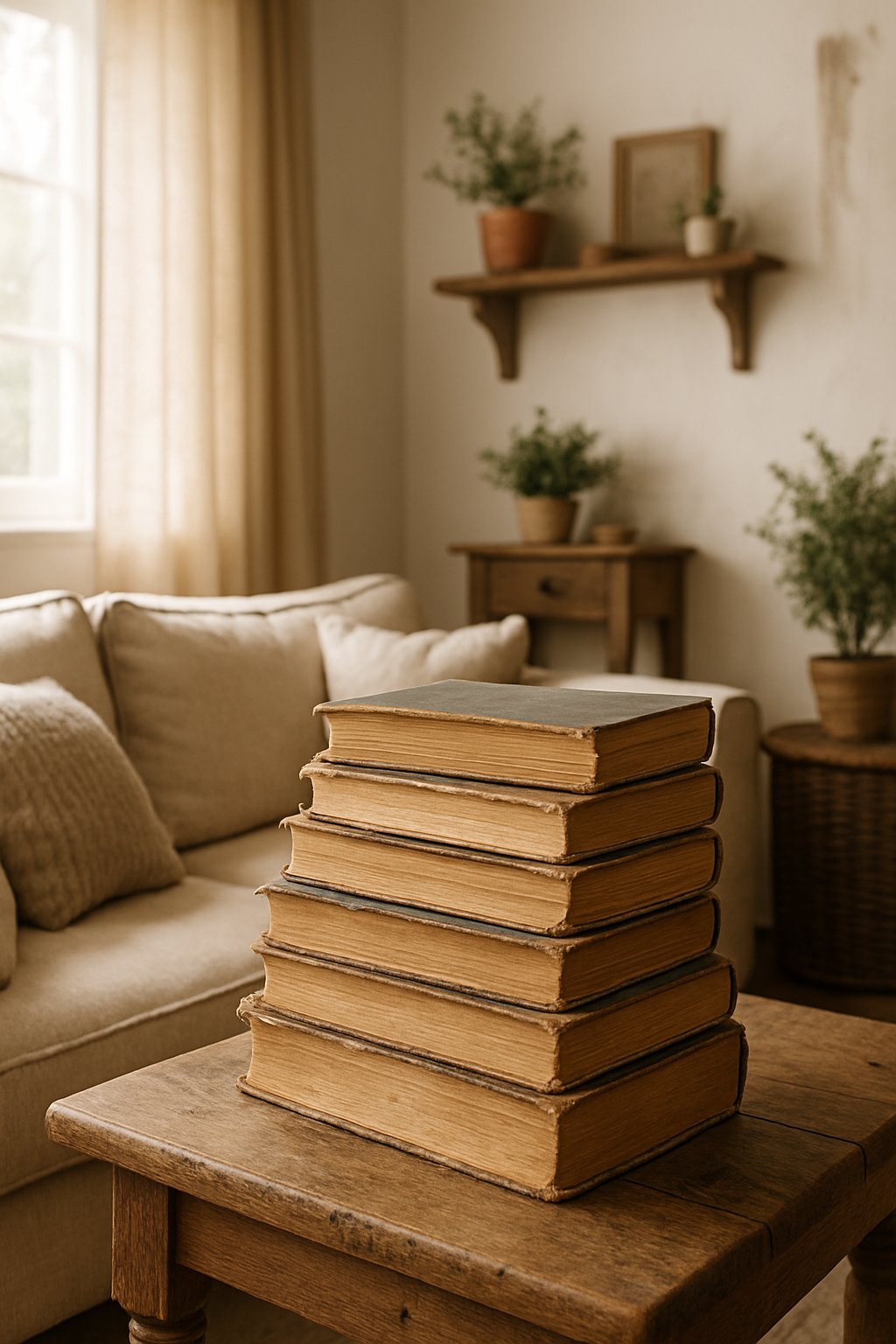 A pile of old books stacked on a wooden table in a cozy living room with a sofa and plants in the background.
