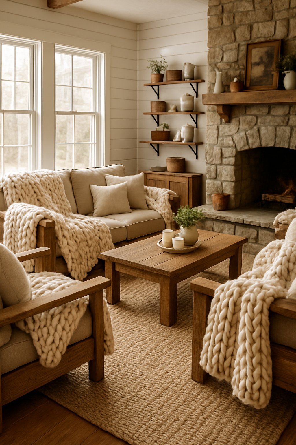 A living room with chunky knit throw blankets on wooden furniture, a coffee table, and a fireplace in the background.