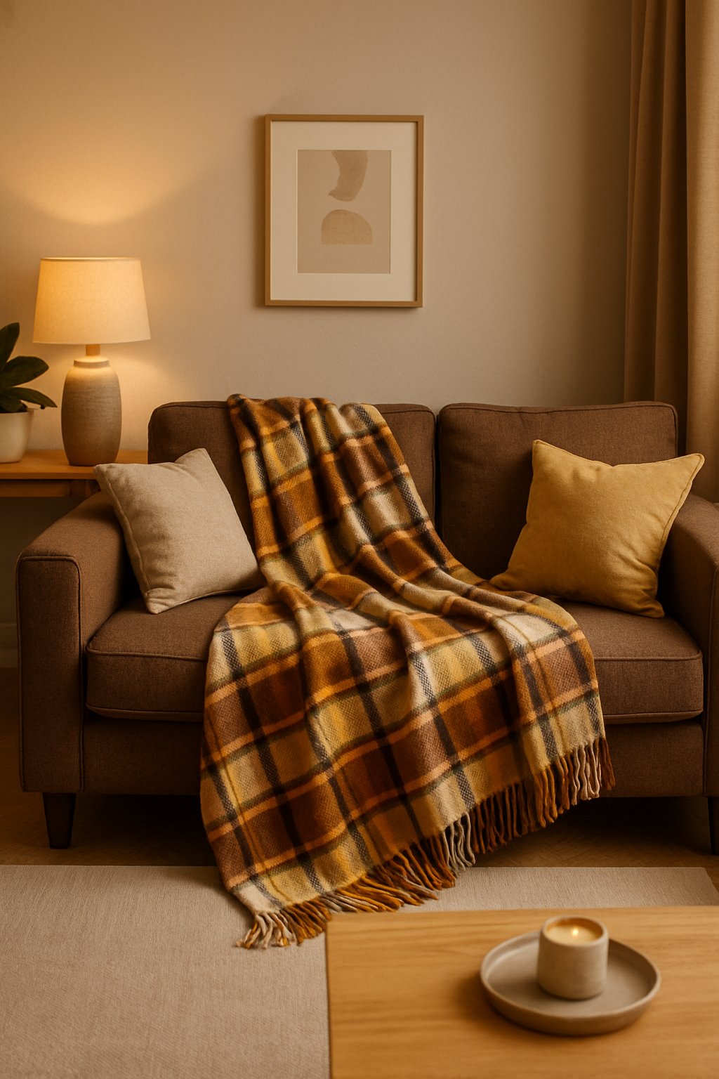 A brown sofa in a living room with a plaid throw blanket featuring mustard accents draped over it.