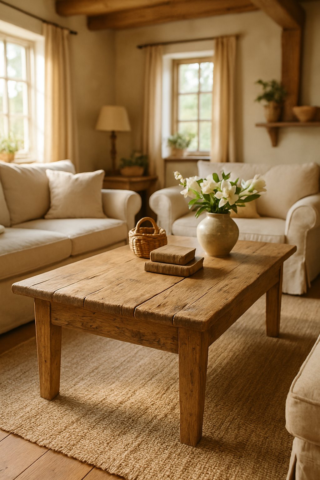 A distressed oak coffee table in the center of a cozy living room with sofas, cushions, and natural light coming through windows.