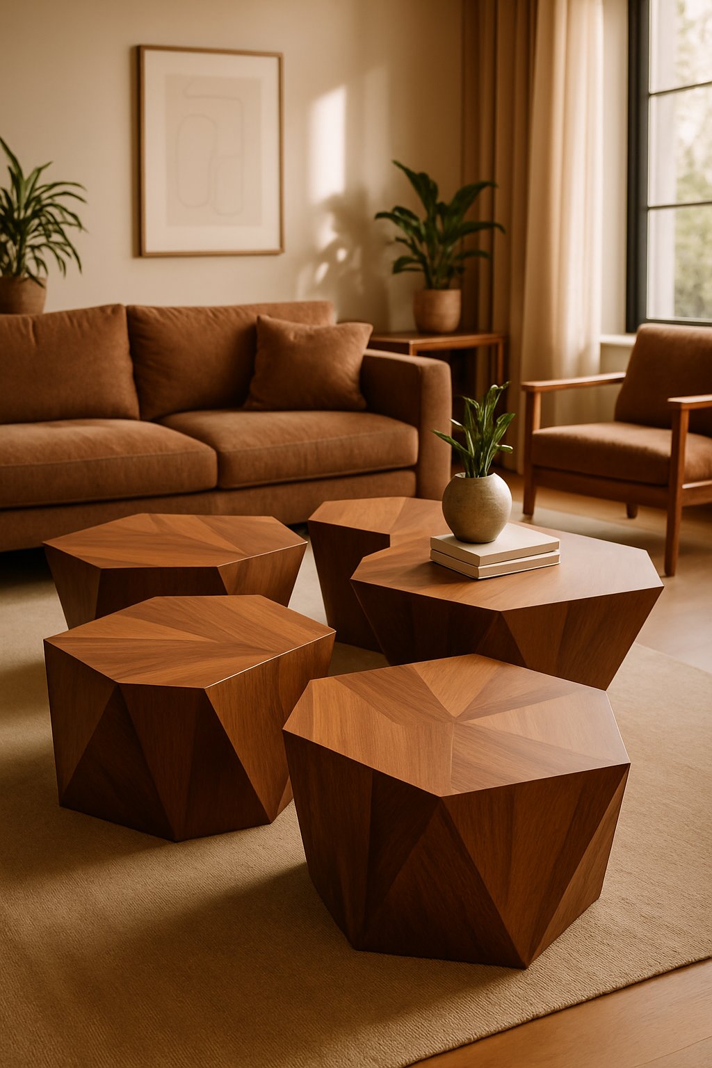 A living room with several geometric wooden coffee tables and comfortable seating arranged around them.