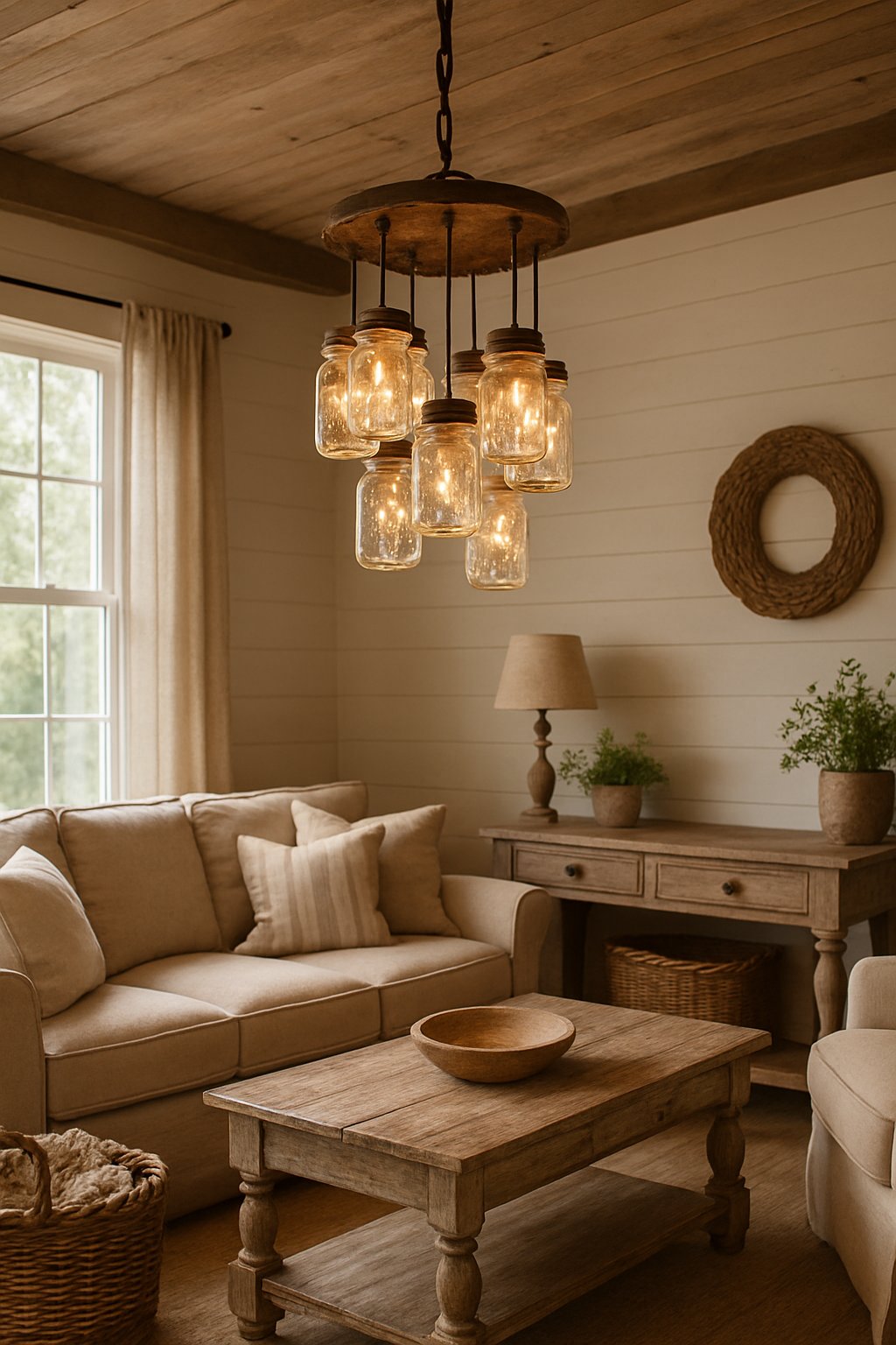A cozy living room with a mason jar chandelier hanging from the ceiling, wooden furniture, and soft lighting.