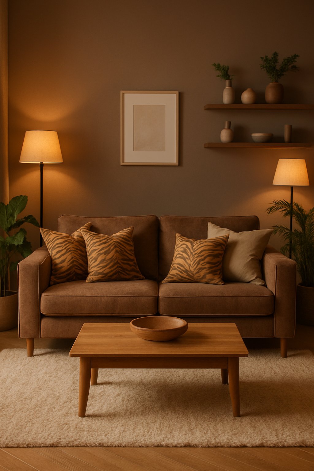 A living room with a brown sofa decorated with tiger-striped cushions, a wooden coffee table, plants, and warm lighting.