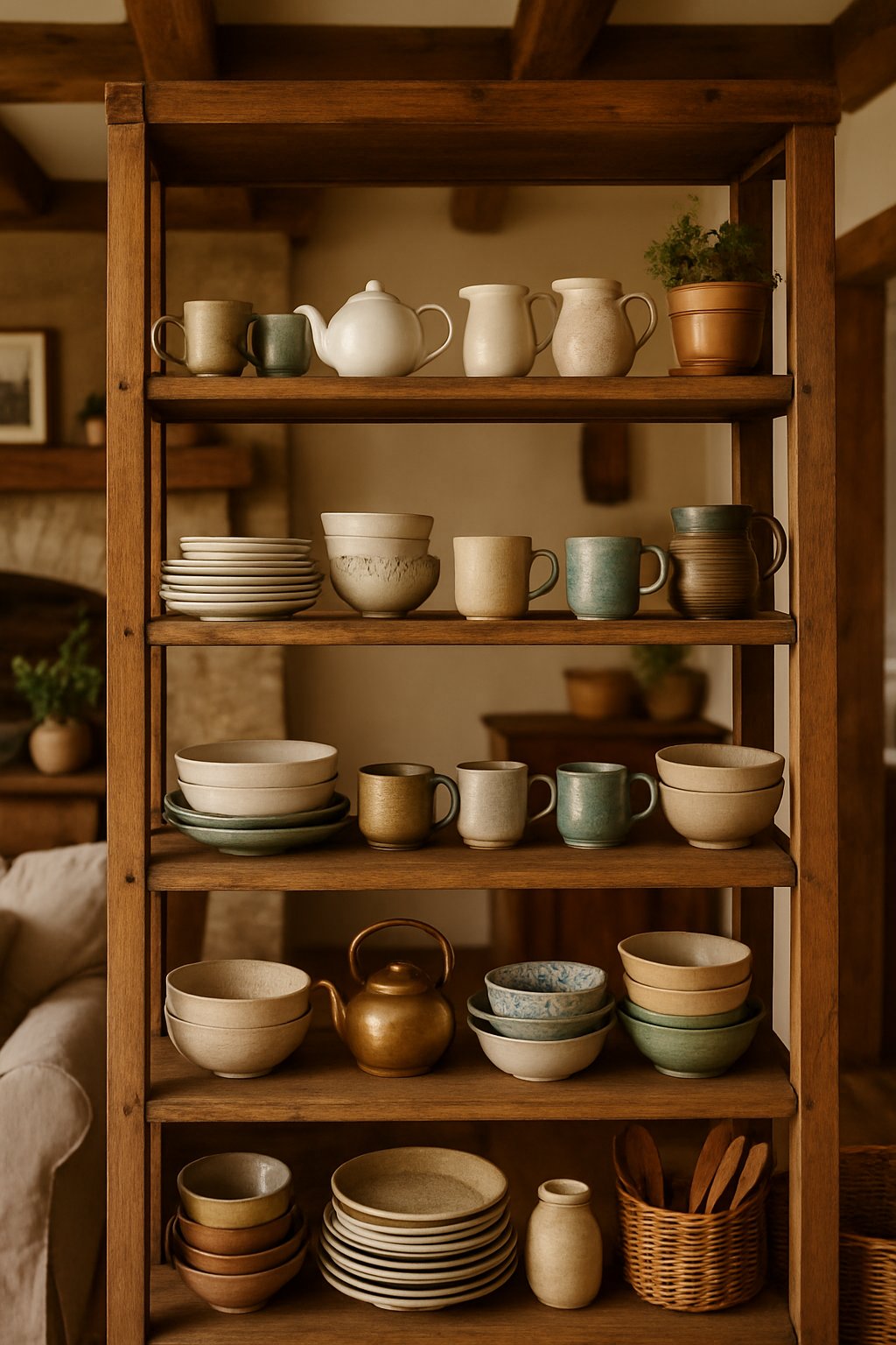 Open wooden shelves in a living room displaying an assortment of mismatched plates, bowls, and mugs.
