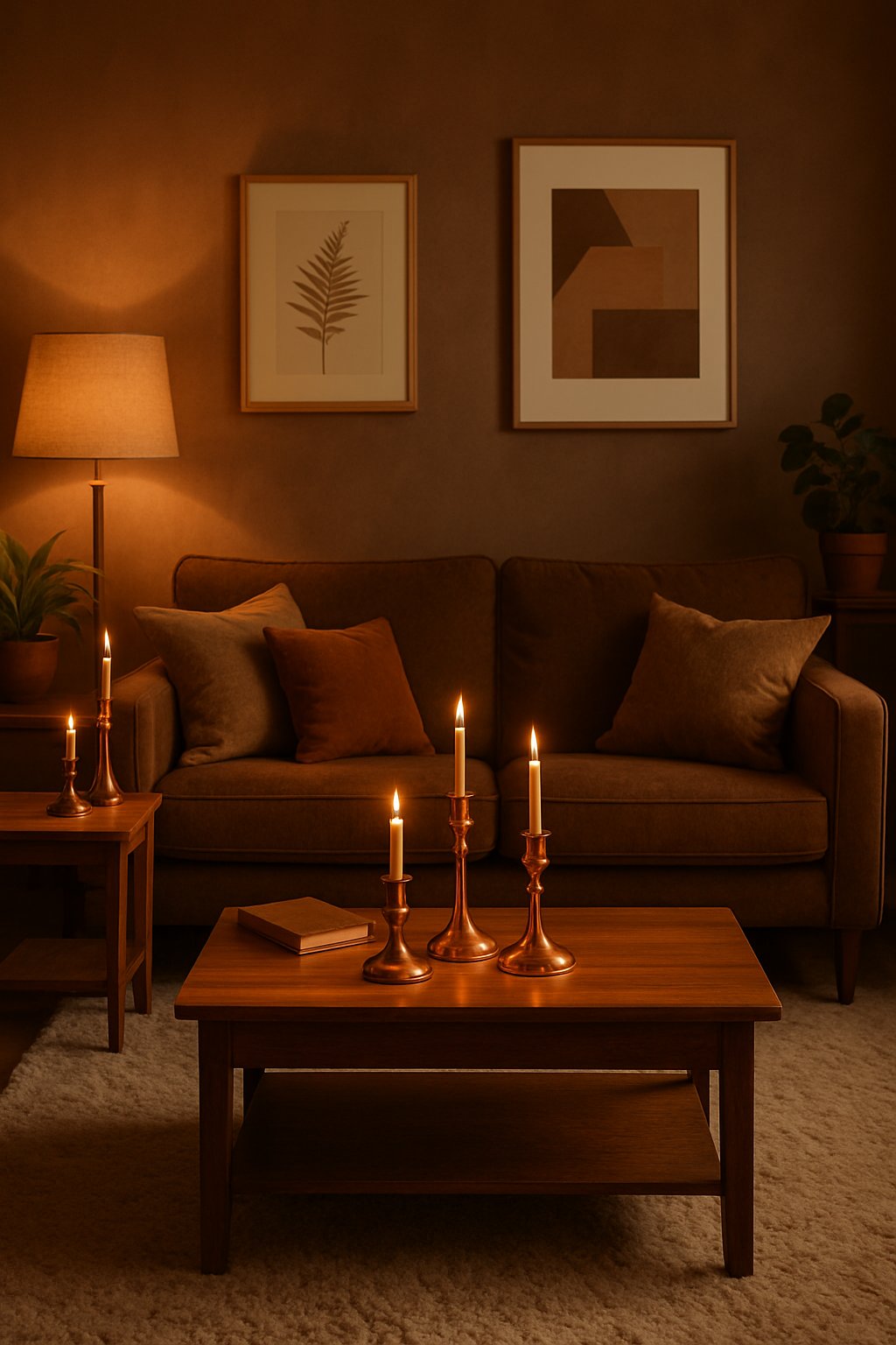 A brown living room with a sofa, wooden furniture, and copper candle holders glowing softly in dim light.