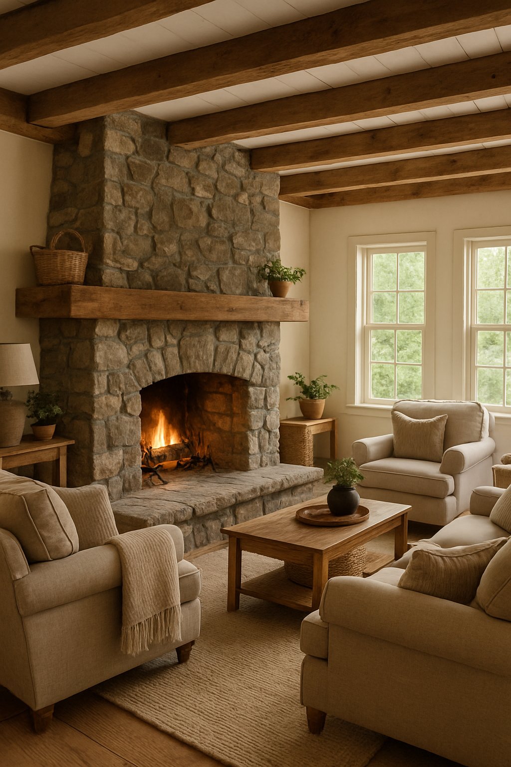 A cozy living room with a large stone fireplace, comfortable seating, and natural light coming through windows.