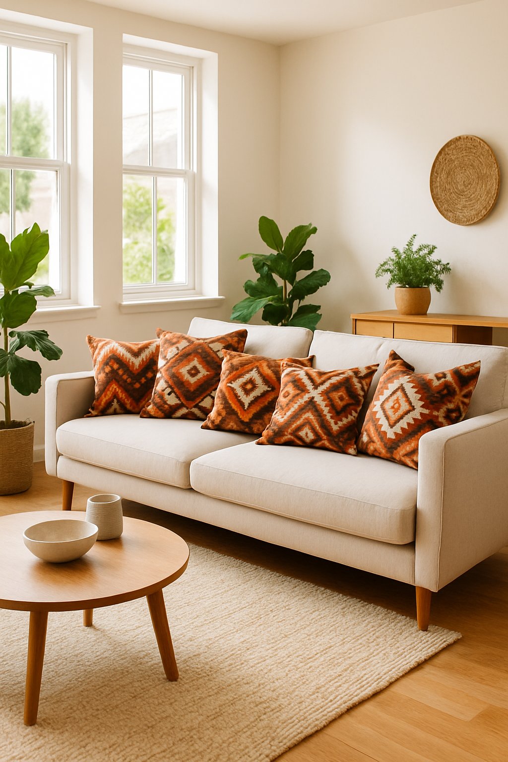 A living room with a sofa decorated with pillows featuring tribal patterns and warm natural lighting.